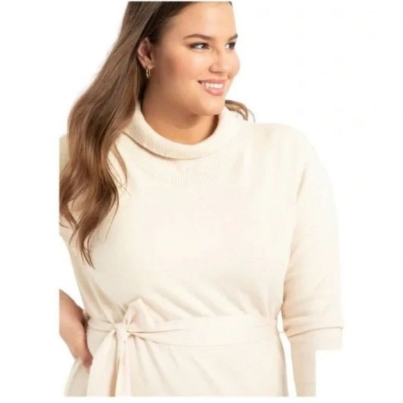 NWT - Eloquii Sweater Dress Women 26/28 Maxi Funnel Neck Ivory Cream with Belt - Picture 2 of 6
